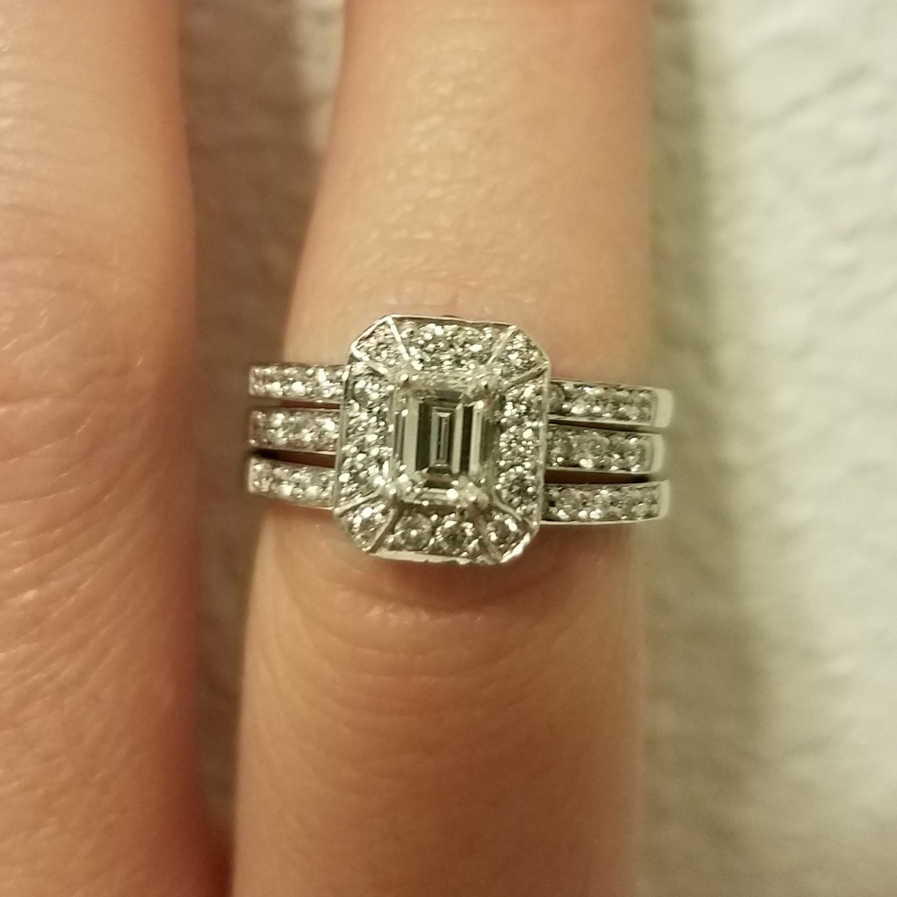 Emerald cut diamond engagement ring with matching